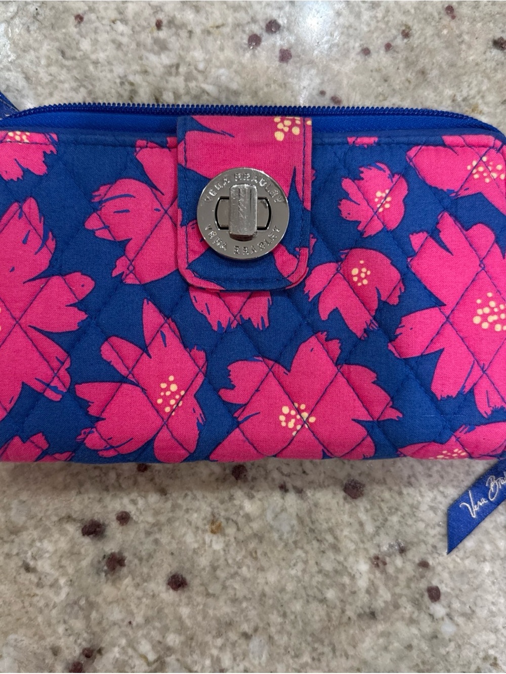 Vera Bradley Blue Quilted Wallet with Pink Floral Print